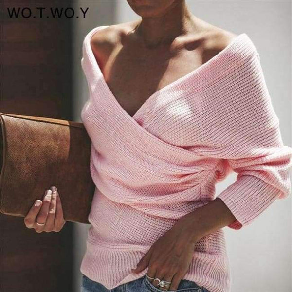 Planet Gates T865-Pink / L Sexy V Neck Cross Knitted Sweater Women Pullover Hollow Out 2018 Winter Cashmere Women Sweater Backless Streetwear Jumper