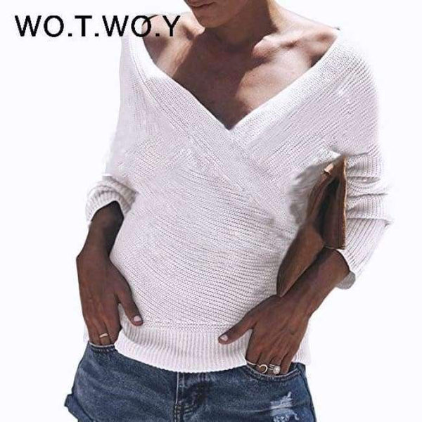 Planet Gates T865-White / L Sexy V Neck Cross Knitted Sweater Women Pullover Hollow Out 2018 Winter Cashmere Women Sweater Backless Streetwear Jumper