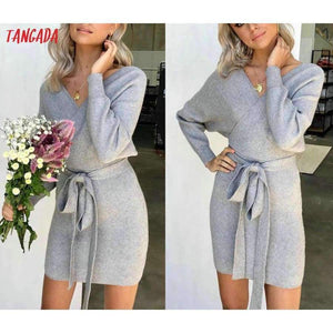 Planet Gates Tangada women dress 2018 knitted mini dress autumn winter ladies sexy green sweater dress long sleeve vintage korean ADY08