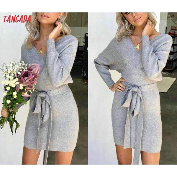 Planet Gates Tangada women dress 2018 knitted mini dress autumn winter ladies sexy green sweater dress long sleeve vintage korean ADY08