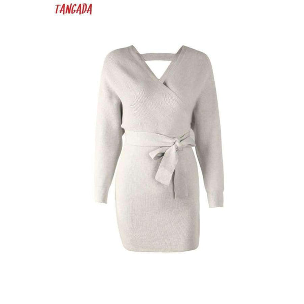 Planet Gates Tangada women dress 2018 knitted mini dress autumn winter ladies sexy green sweater dress long sleeve vintage korean ADY08