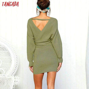 Planet Gates Tangada women dress 2018 knitted mini dress autumn winter ladies sexy green sweater dress long sleeve vintage korean ADY08