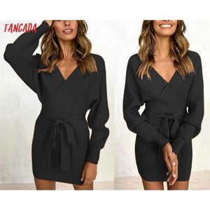 Planet Gates Tangada women dress 2018 knitted mini dress autumn winter ladies sexy green sweater dress long sleeve vintage korean ADY08