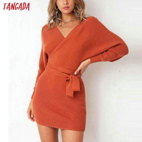 Planet Gates Tangada women dress 2018 knitted mini dress autumn winter ladies sexy green sweater dress long sleeve vintage korean ADY08