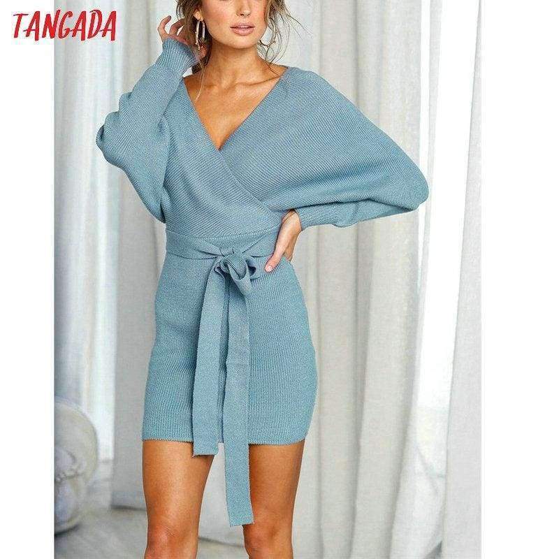 Planet Gates Tangada women dress 2018 knitted mini dress autumn winter ladies sexy green sweater dress long sleeve vintage korean ADY08