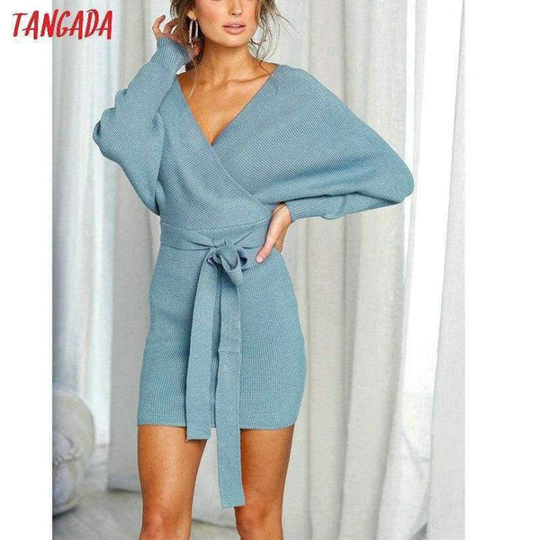 Planet Gates Tangada women dress 2018 knitted mini dress autumn winter ladies sexy green sweater dress long sleeve vintage korean ADY08
