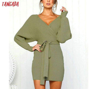 Planet Gates Tangada women dress 2018 knitted mini dress autumn winter ladies sexy green sweater dress long sleeve vintage korean ADY08