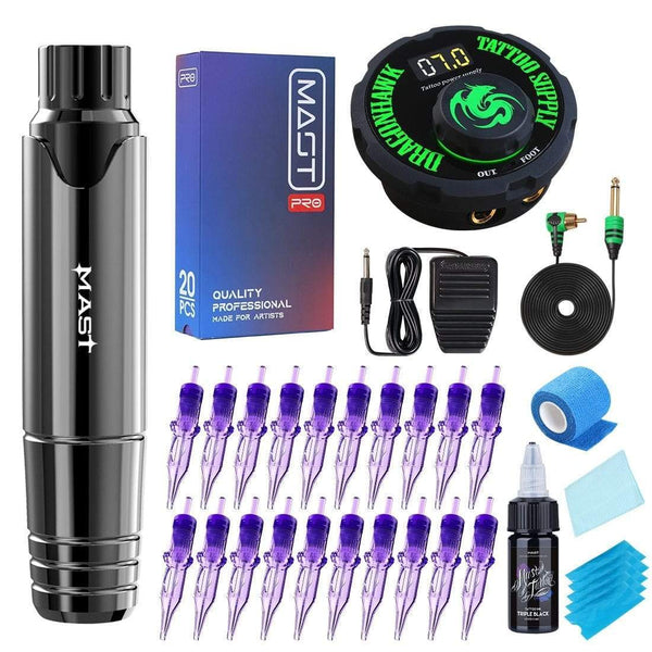 Planet Gates Tattoo Machine Pen Style Kit LCD Dual Power Supply Triple Black 15ml Cartridge Set Permanent PMU Eyeliner Eyebrow Lips