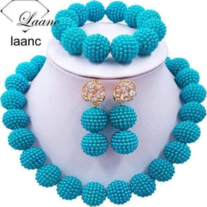Planet Gates Teal Green African Beads Jewelry Set for Nigerian Wedding Simulated Pearl Necklace and Earrings SP1R004
