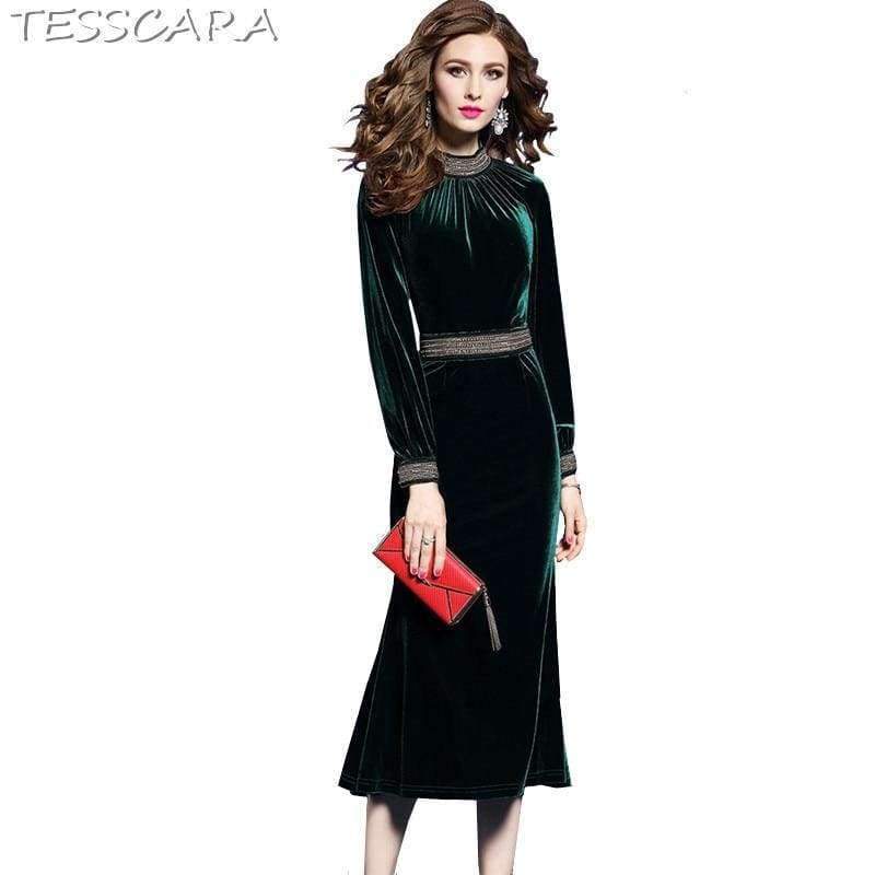 Planet Gates TESSCARA Women Autumn Winter Elegant Velvet Beading Dress Female Long Cocktail Vestidos Retro Vintage Party Robe Femme Plus Size