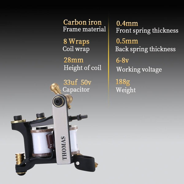Planet Gates Thomas Coil Handmade Tattoo Machine Gun Cast Iron Frame for Liner 8 Wrap