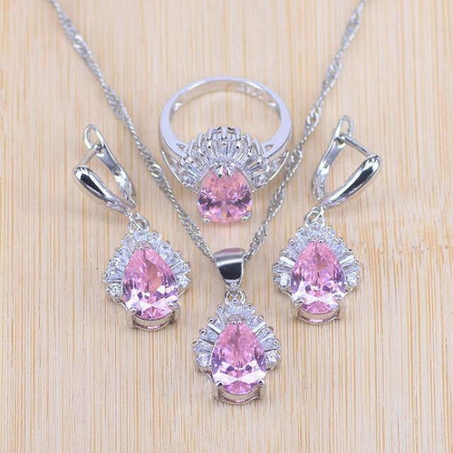 Planet Gates Three Piece / 10 Jewelry Sets Water Drop Cubic Zirconia CZ Stone 925 Sterling Silver Earrings Necklaces Rings Bracelet Set