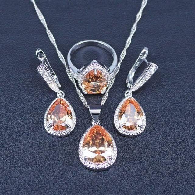 Planet Gates White And Sparkling Yellow Crystal Stone 925 Sterling Silver 3 Piece Big Water Drop Jewelry Sets For Women Party