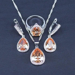 Planet Gates Three Piece 2 / 8 White And Sparkling Yellow Crystal Stone 925 Sterling Silver 3 Piece Big Water Drop Jewelry Sets For Women Party