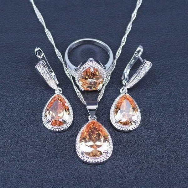 Planet Gates Three Piece 2 / 8 White And Sparkling Yellow Crystal Stone 925 Sterling Silver 3 Piece Big Water Drop Jewelry Sets For Women Party