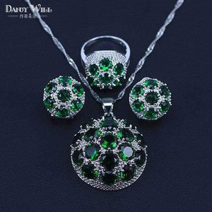 Planet Gates Three Piece / 6 925 Silver Costume Jewelry Set Lovely Round CZ Stone and Green Crystal Necklace Earring Ring Set For Women Present