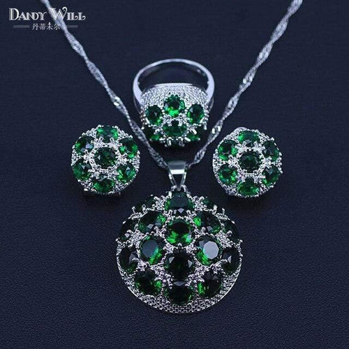Planet Gates Three Piece / 6 925 Silver Costume Jewelry Set Lovely Round CZ Stone and Green Crystal Necklace Earring Ring Set For Women Present