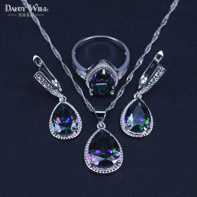 Planet Gates 925 Sterlig Silver Jewelry Set Multicolor Rainbow Zircon For Women Necklace Pendant Earrings Rings Free Gift Box