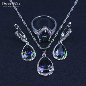 Planet Gates Three Piece / 6 925 Sterlig Silver Jewelry Set Multicolor Rainbow Zircon For Women Necklace Pendant Earrings Rings Free Gift Box