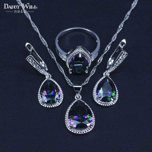 Planet Gates Three Piece / 6 925 Sterlig Silver Jewelry Set Multicolor Rainbow Zircon For Women Necklace Pendant Earrings Rings Free Gift Box