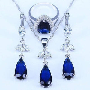 Planet Gates Three Piece / 6 Blue Cubic Zirconia White CZ 925 Silver Jewelry Sets For Women Earrings/Pendant/Necklace/Rings
