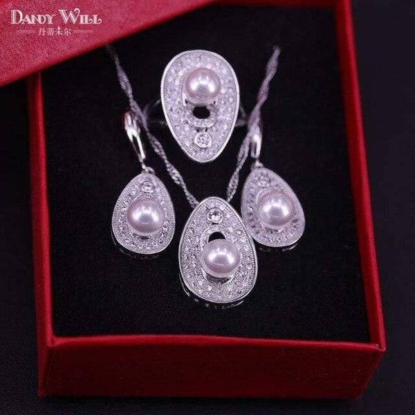 Planet Gates Three Piece / 8.5 925 Sterling Silver Bridal Pearls Jewelry Sets Women Wedding Jewelry With Pearl Zircon Drop Earrings Ring Pendant Necklace Set