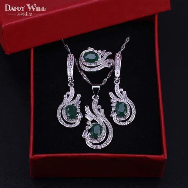 Planet Gates 925 Jewelry Costume Wedding Jewelry Sets Olive Green Zirconia Earrings For Women Rings Pendant Necklace Set Gift Box