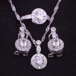 Planet Gates three piece / 9 Cubic Zirconia 925 Sterling Silver Wedding Jewelry Sets Earrings Pendant Necklace Rings Size 6-10