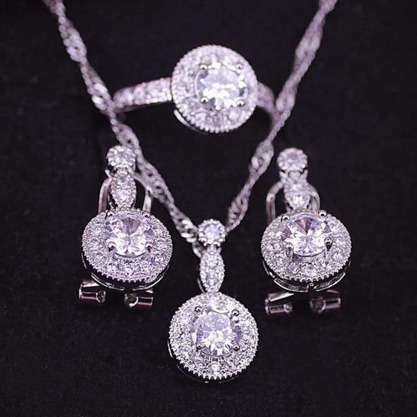 Planet Gates three piece / 9 Cubic Zirconia 925 Sterling Silver Wedding Jewelry Sets Earrings Pendant Necklace Rings Size 6-10