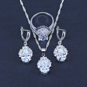 Planet Gates Three Piece / 9 White Jewelry Sets Water Drop Cubic Zirconia CZ Stone 925 Sterling Silver Earrings Necklaces Finger Rings