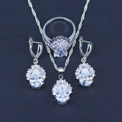 Planet Gates Three Piece / 9 White Jewelry Sets Water Drop Cubic Zirconia CZ Stone 925 Sterling Silver Earrings Necklaces Finger Rings