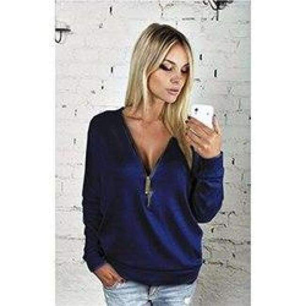 Planet Gates Tibetan Blue / XS NewAutumn Women Dress Sexy Fashion Batwing Sleeve Blouse Deep V Collar Zipper Sweater Long Sleeved T-shirt Dress Plus Size S-5XL