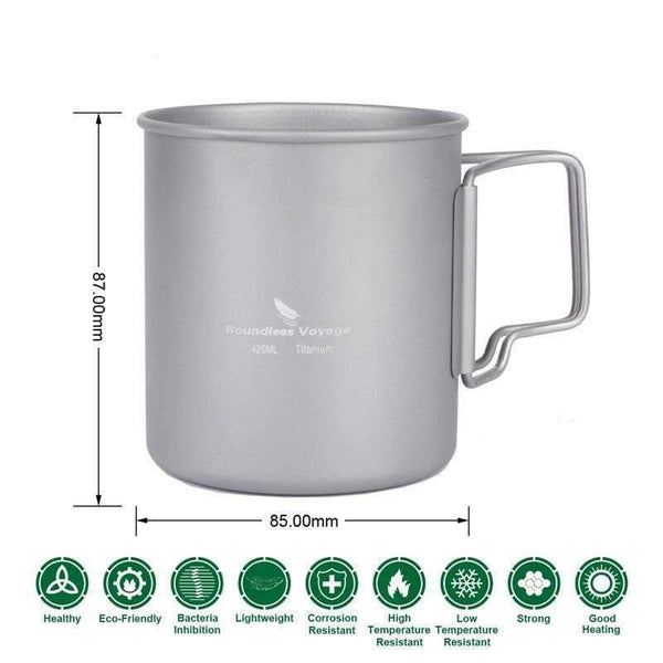 Planet Gates Titanium Cup with Foldable Handle Outdoor Camping Water Mug Tableware only 72g 14.3oz/420ml