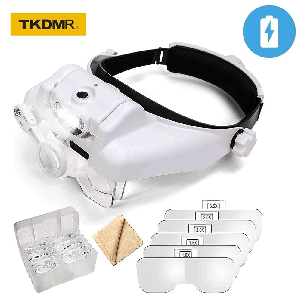 Planet Gates TKDMR USB Rechargeabl Head Mounted Binocular Eyewear Loupe Magnifier with 3LED Illuminated Headband Magnifying Glass For Reading