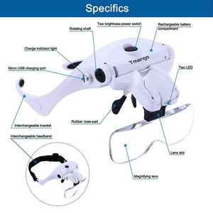 Planet Gates TKDMR USB Rechargeabl Head Mounted Binocular Eyewear Loupe Magnifier with 3LED Illuminated Headband Magnifying Glass For Reading