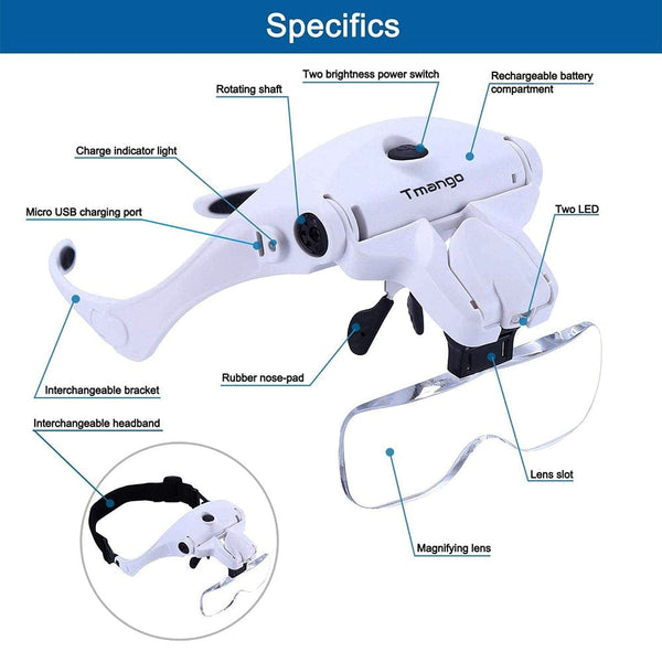 Planet Gates TKDMR USB Rechargeabl Head Mounted Binocular Eyewear Loupe Magnifier with 3LED Illuminated Headband Magnifying Glass For Reading