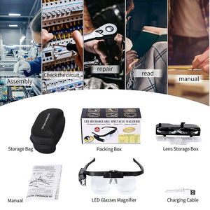 Planet Gates TKDMR USB Rechargeabl Head Mounted Binocular Eyewear Loupe Magnifier with 3LED Illuminated Headband Magnifying Glass For Reading