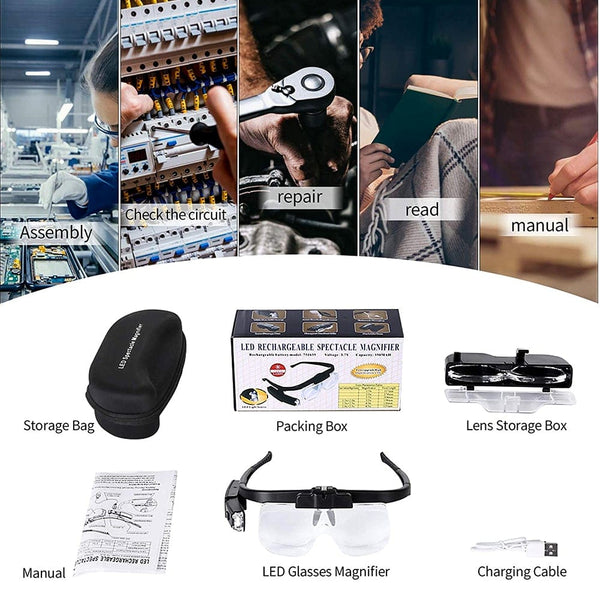 Planet Gates TKDMR USB Rechargeabl Head Mounted Binocular Eyewear Loupe Magnifier with 3LED Illuminated Headband Magnifying Glass For Reading