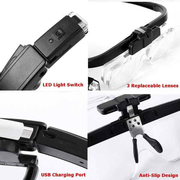 Planet Gates TKDMR USB Rechargeabl Head Mounted Binocular Eyewear Loupe Magnifier with 3LED Illuminated Headband Magnifying Glass For Reading