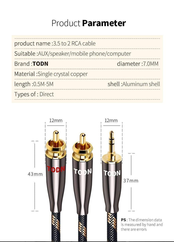 Planet Gates TODN RCA Cable HiFi Stereo 3.5mm to 2RCA Audio Cable AUX RCA Jack 3.5 for Amplifiers Audio Home Theater Cable RCA TO