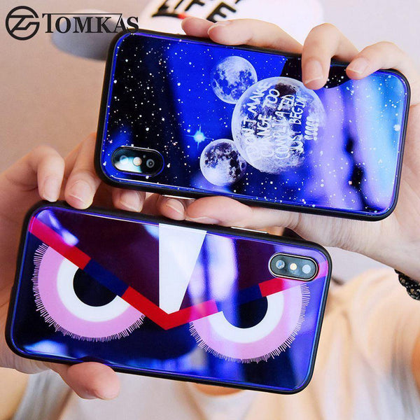 Planet Gates TOMKAS Blue Ray Tempered Glass Case For iPhone 7 Case Cartoon Pattern Cases For iPhone X 6 6S 8 Plus Cover Animal Phone Coque