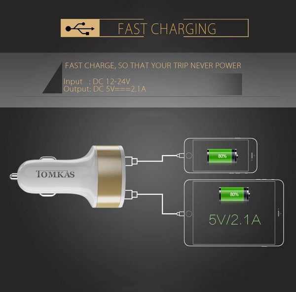 Planet Gates Tomkas Car Charger Universal Dual Port USB Car Charger Mobile Phone 5V2.1A Charger USB Adapter For Samsung Xiaomi Fast Charging