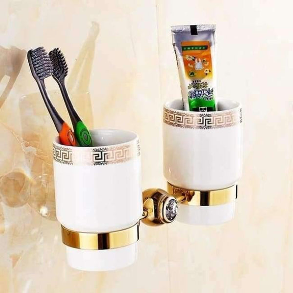 Planet Gates Toothbrush Holder 2 Brass Crystal Bathroom Accessories Set Polish Finish Gold Bathroom Hardware Set Europe Antique Bathroom Products ST1