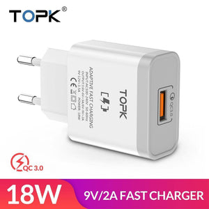 Planet Gates TOPK 18W Quick Charge 3.0 Fast Mobile Phone Charger EU Plug Wall USB Charger Adapter for iPhone Samsung Xiaomi Huawei