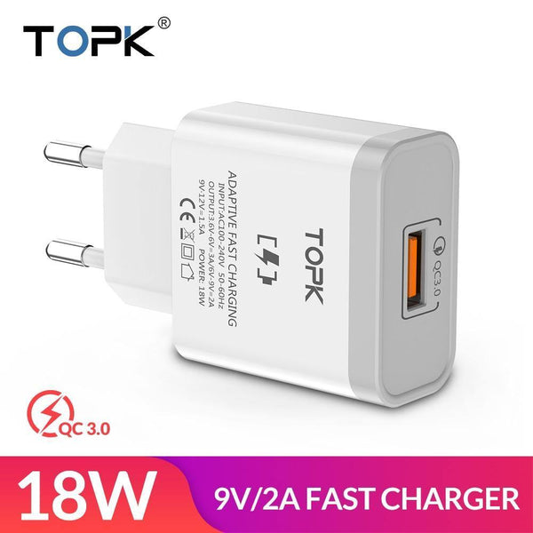 Planet Gates TOPK 18W Quick Charge 3.0 Fast Mobile Phone Charger EU Plug Wall USB Charger Adapter for iPhone Samsung Xiaomi Huawei