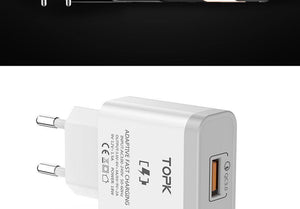 Planet Gates TOPK 18W Quick Charge 3.0 Fast Mobile Phone Charger EU Plug Wall USB Charger Adapter for iPhone Samsung Xiaomi Huawei