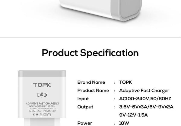 Planet Gates TOPK 18W Quick Charge 3.0 Fast Mobile Phone Charger EU Plug Wall USB Charger Adapter for iPhone Samsung Xiaomi Huawei