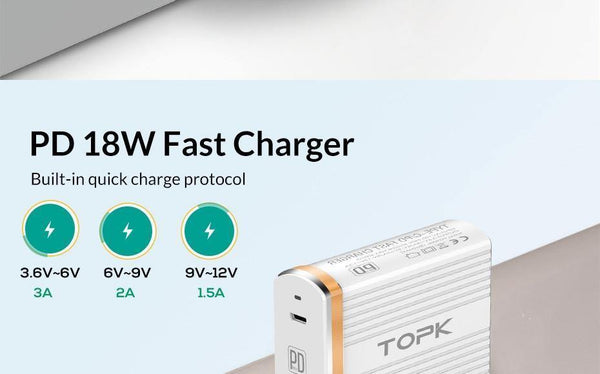 Planet Gates TOPK 18W Type C PD Fast Charging USB Charger for Samsung Galaxy S9 S8 Plus EU/UK Plug Phone Quick Charger