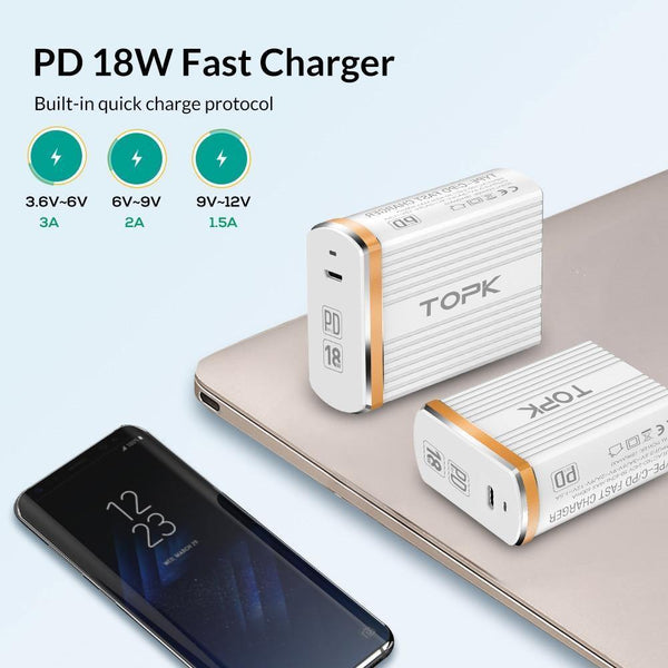 Planet Gates TOPK 18W Type C PD Fast Charging USB Charger for Samsung Galaxy S9 S8 Plus EU/UK Plug Phone Quick Charger