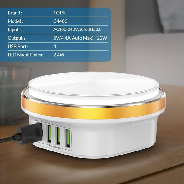 Planet Gates TOPK 22W Auto-ID 4 Port USB Charger Dimmable Smart LED Desk Lamp Desktop Charging For iPhone Samsung Xiaomi Mobile Phone Charger